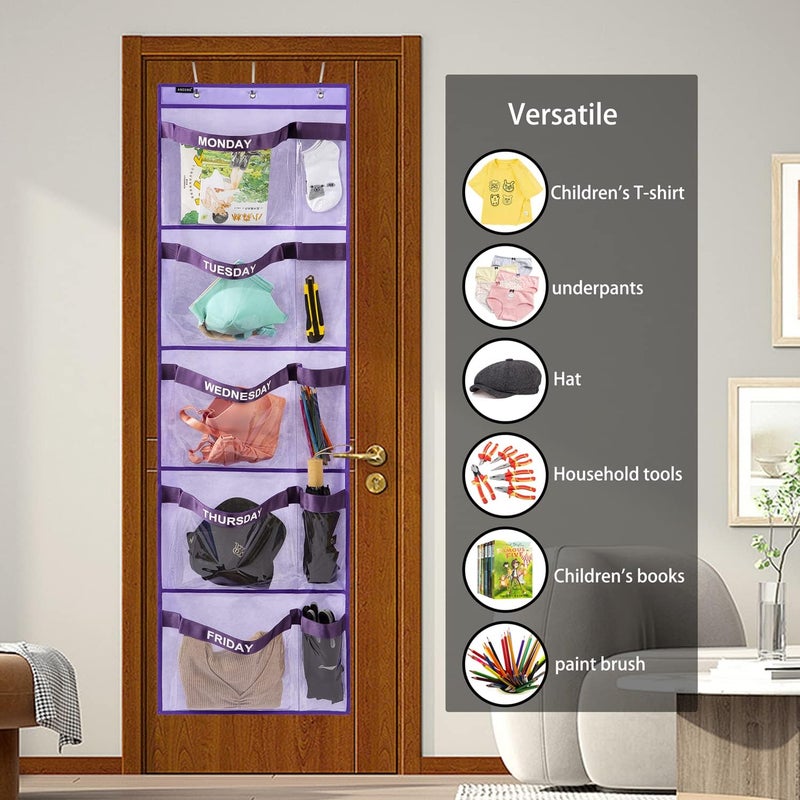 ANZORG Weekly Kids Clothes Organizer Day of Week School Clothing Storage Monday to Friday Hanging Closet Organizer (Purple) - Image 1